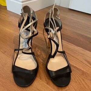 Jimmy Choo black and gold strappy heels